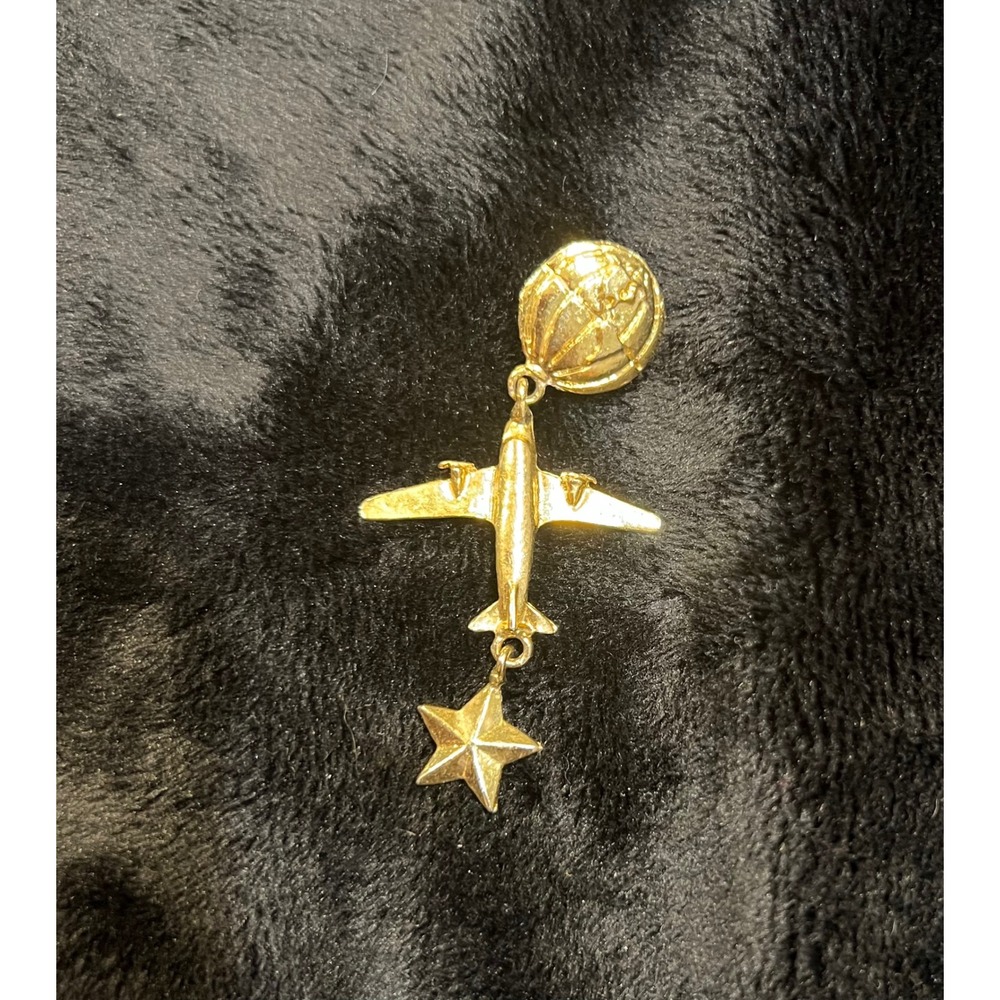Vintage Gold Tone Earth, Airplane & Star Dangle Pin / Tie Tack‎ Approx. 2.25 "